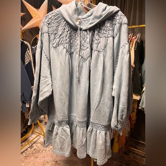 Free People Marty Smocked Hoodie Sweatshirt Mini Dress Mountain Spring- NWOT - Picture 8 of 11